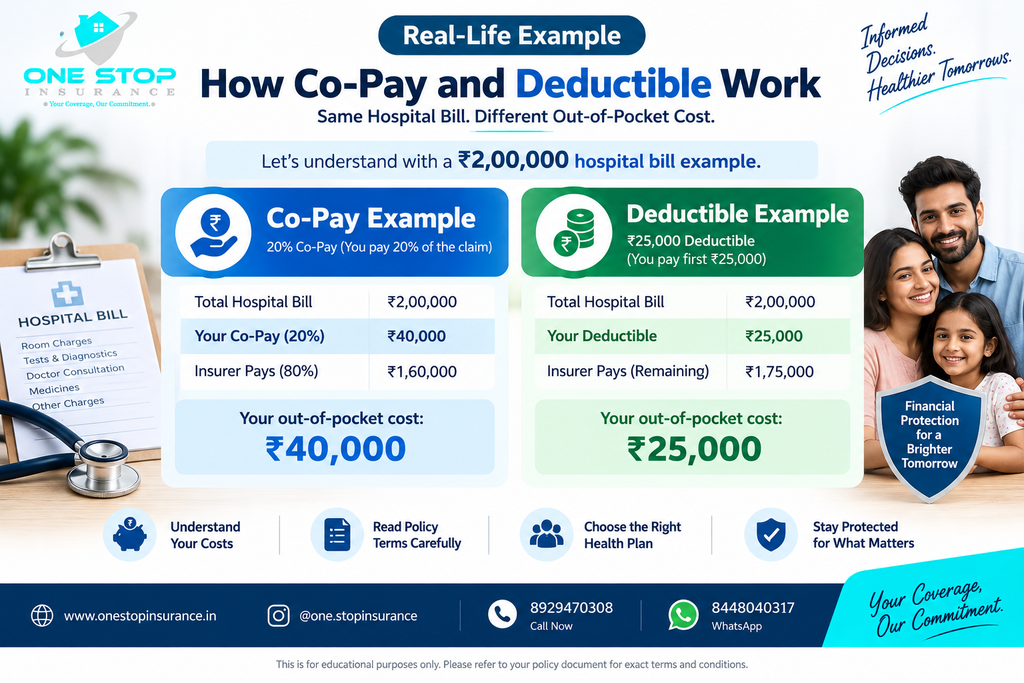 Co-pay and deductible example with ₹2 lakh hospital bill