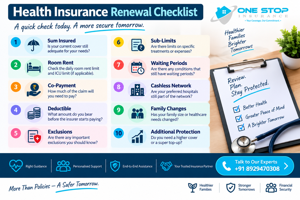 Health insurance renewal checklist covering sum insured room rent co payment and cashless network